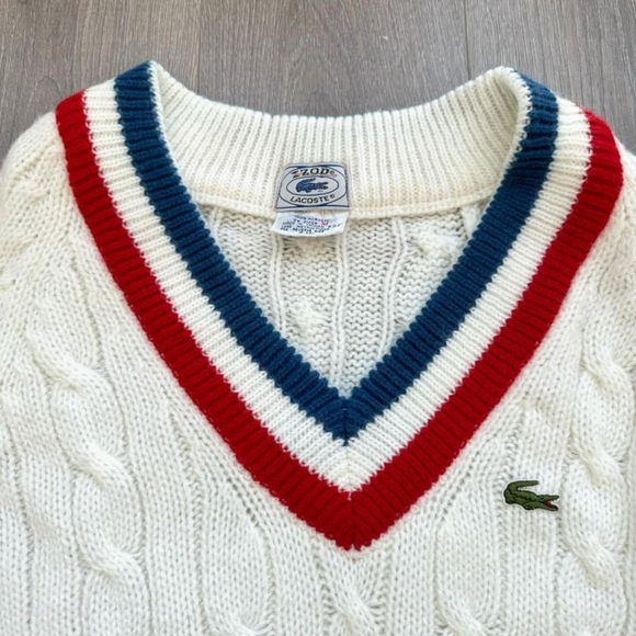 Lacoste Izod vintage jumper sweater white red blue M cable knit - Picture 2 of 9